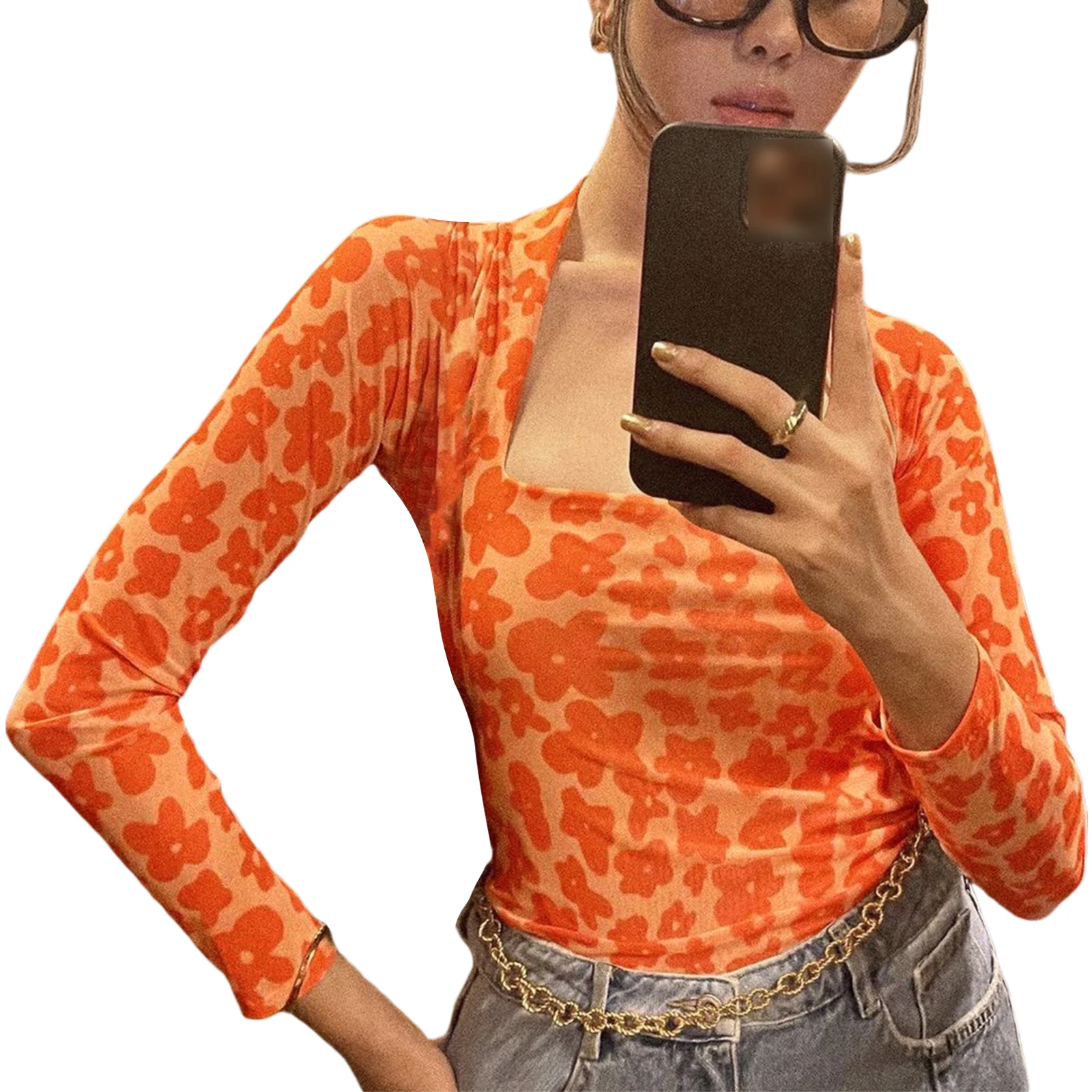 

Women Close-fitting Pullover, Orange Floral Printed Pattern Long Sleeve Square Collar Tops, S/ M/ L