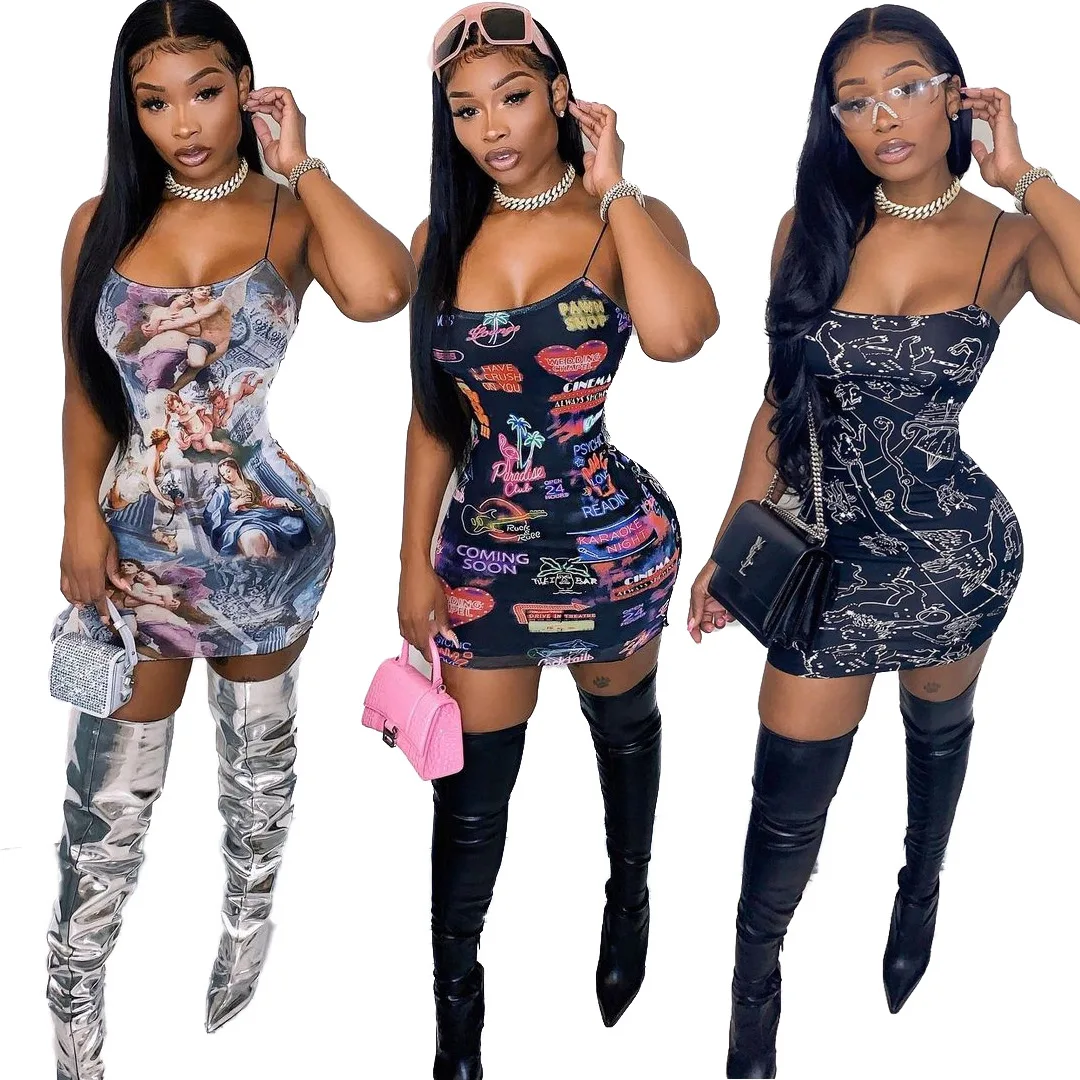 

Sexy Print Women Midi Mini Dress Street Spaghetti Strap Sleeveless Knit Bodycon Pencil Dresses Summer