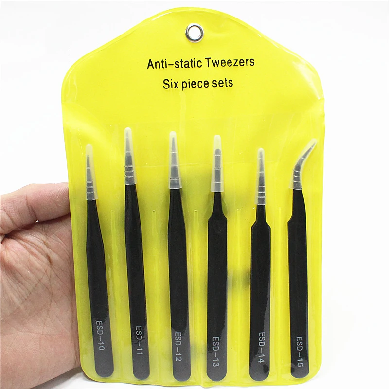 

Stainless steel 6pcs tweezers set 1mm15 ESD precision tweezers Black sharp elbow dismantling tool hand tools