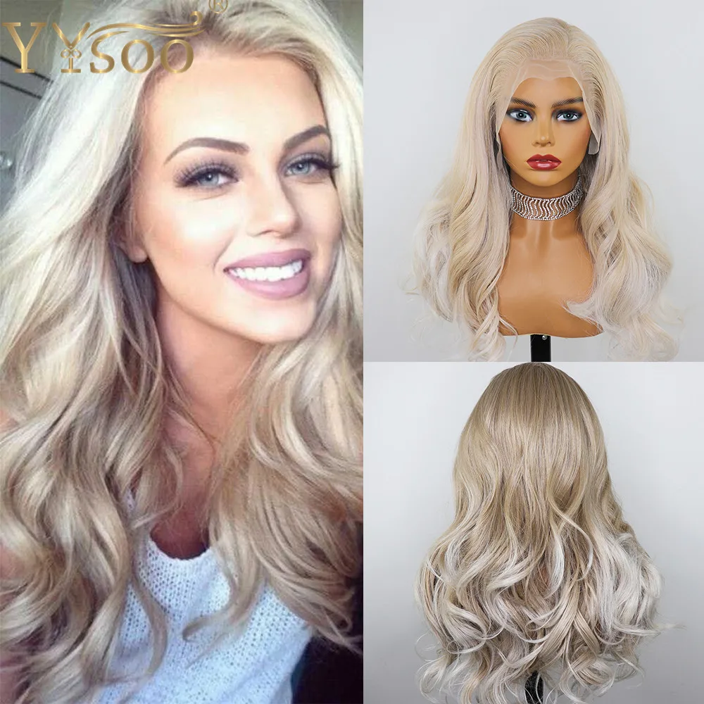 YYsoo13x6 Long Body Wave Glueless Lace Front Wigs Blonde Highlight Heat Resistant Japan Futura Synthetic Hair Wig Pre Plucked