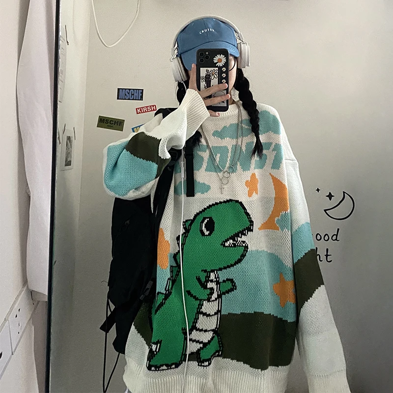 

Пуловер женский зимний в стиле Харадзюку, Свитер оверсайз с милым мультяшным динозавром, жаккардовый плотный свободный трикотажный в стиле...