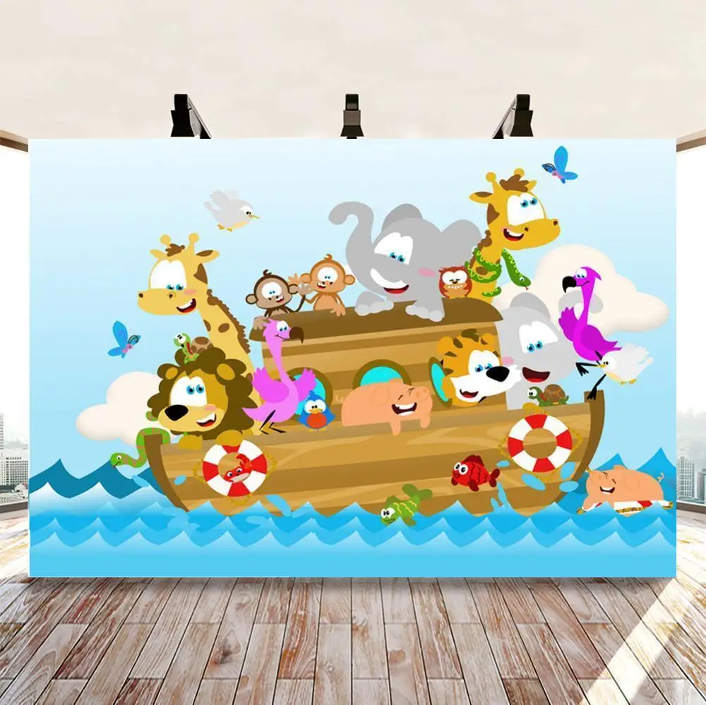 

Мультяшные животные деревянный корабль Синий Морской фон для фотосъемки детский день рождения торт стол Декор Приключения тематические фо...