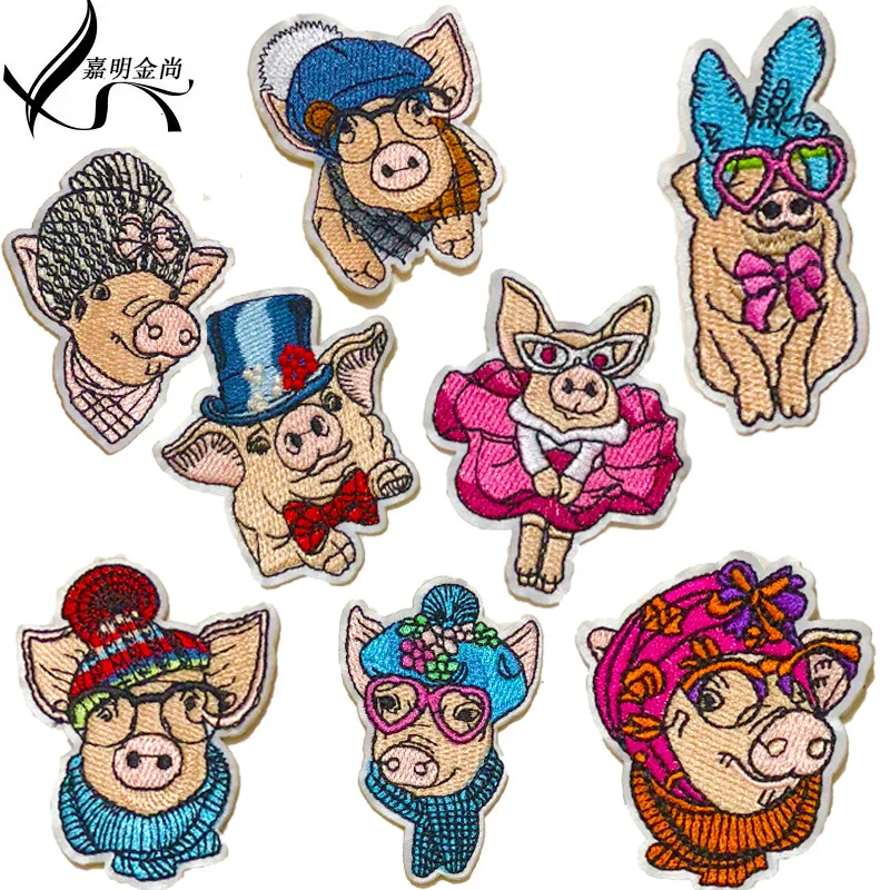 

20pcs/lot Embroidery Patches Clothing Bag Biker Decoration Cute Glasses Piggy Animal Appliques Iron Heat Transfer Accessories