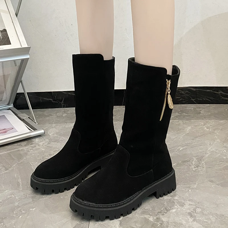 

Plus Size 33-44 New Snow Boots For Women Med Heels Metal Motorcycle Knight Botas Mujer Winter Warm Suede Flock Slip On Shoes