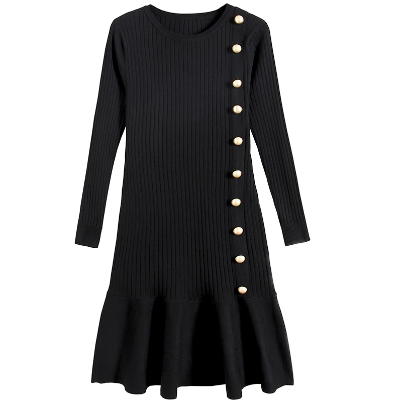 

Женский свитер с круглым вырезом, пуловеры, элегантное платье-свитер до колен, зимний теплый вязаный джемпер HK367