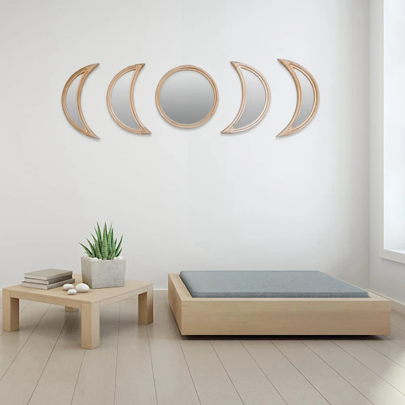 

Rattan Frame Mirror Decor Rabbit Shape Wall Frames Decor Frame with Nordic Style Rattan Moonphase Mirror Set