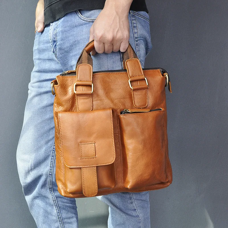 

Vintage Genuine Cowhide Leather A4 File Commute Business Briefcase Top-handle Tote Handbag Men Crossbody Shoulder Bag