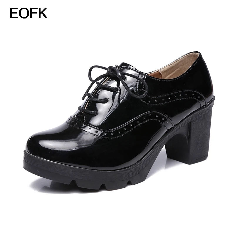 

EOFK Spring Autumn Women Brogue Patent Leather Square High Heels Classics Black Lace-up Derby Oxfords Pumps Lady Casual Shoes