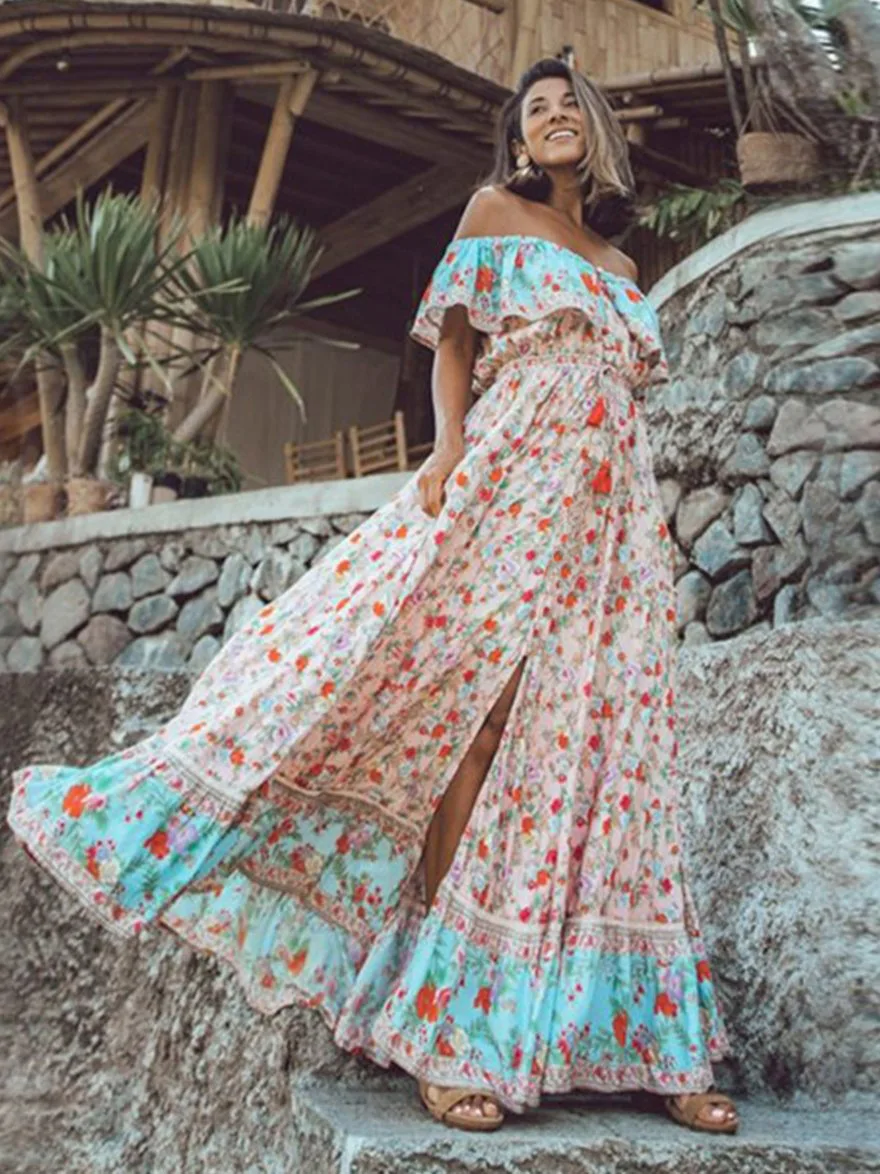 

Linglewei New Spring and Summer Women's Dress sexy off shoulder print dress