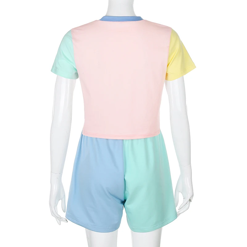 

Rapcopter Colorful Patchwork Women Casual Set Basic Loose Short Sleeve Streetwear Suits 2020 Summer New Fashion Two Pieces Sets