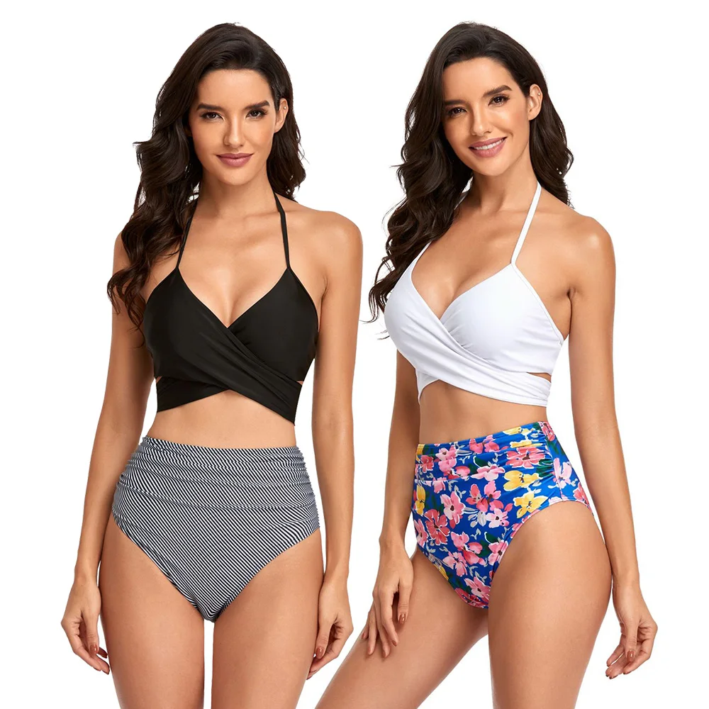 

Sexy Bikini Set Push Up Bikinis women Floral Print Cross Bandage Ruched High Waist Bathing suit Swimwear Beach Wear Swimsuit