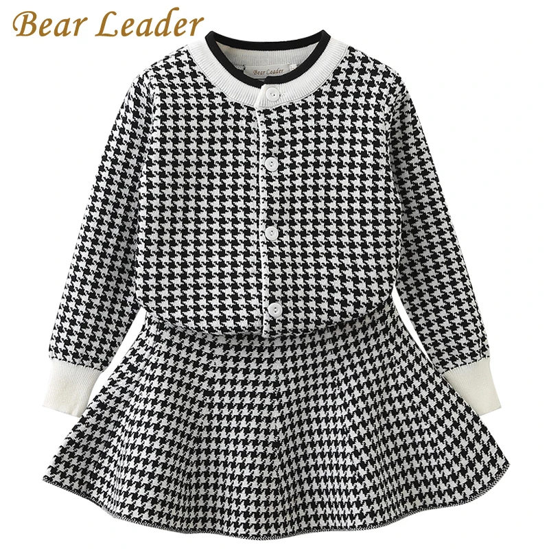 Bear leader/платье для девочек новое зимнее детское праздничное платье для девочек Вязаный пуловер с длинными рукавами+ платье с бантом, милая детская вязаная одежда, 2 предмета