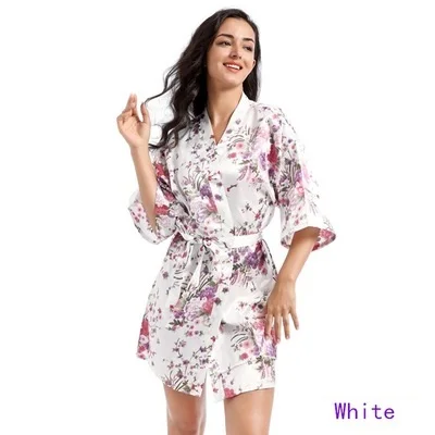 

New women's summer short pajamas thin loose mulberry silk printed floral cardigan V-neck wedding gown dressing gown