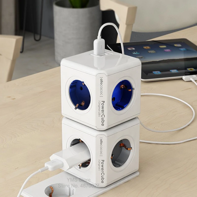 Allocacoc разъем питания ЕС Plug Мощность Strip 4 розетки 2 адаптер usb-портов Расширение адаптер умный дом Multi включен синий