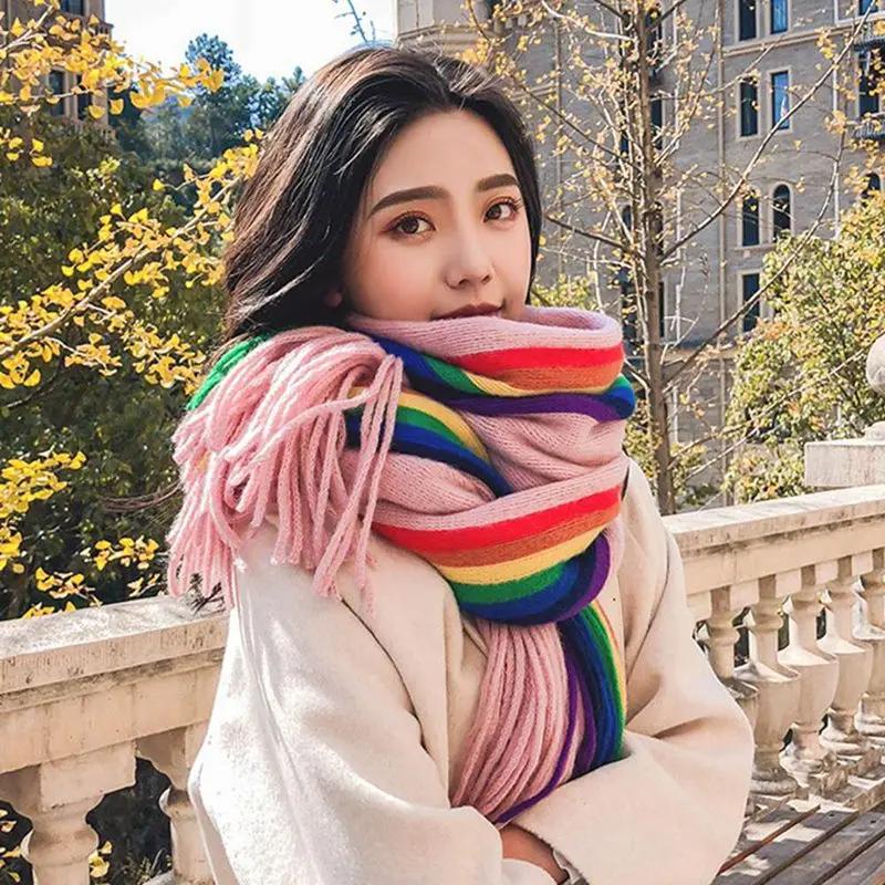 

Warm Rainbow Women Girl Scarves Shawl Wraps Tassel Long Knitted Scarf Gift