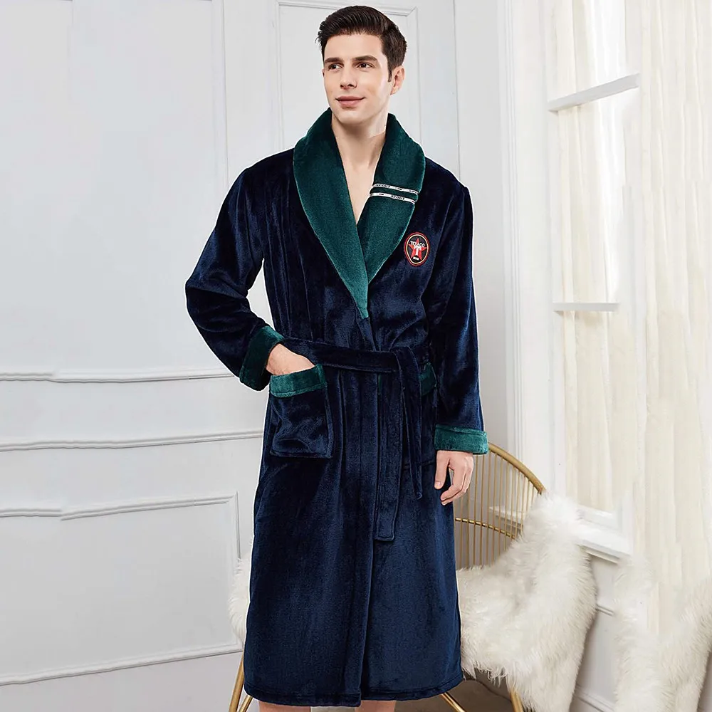 Autumn Winter Thicken Robe Sleepwear Coral Fleece Nightwear Large Size Flannel Men Kimono Bathrobe Loose Casual Home Clothes