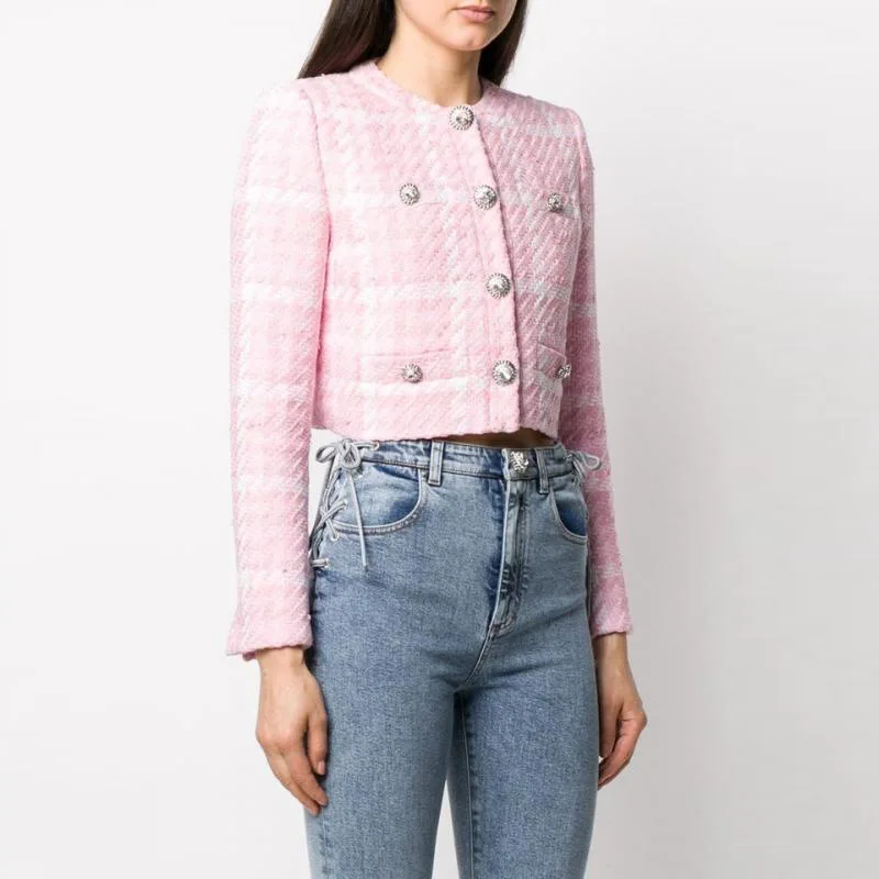 

2020 Autumn and Winter High-definition Fabric Diamond-studded Buttons Small Fragrance Pink Plaid Woven Woolen Jacket Small Coat