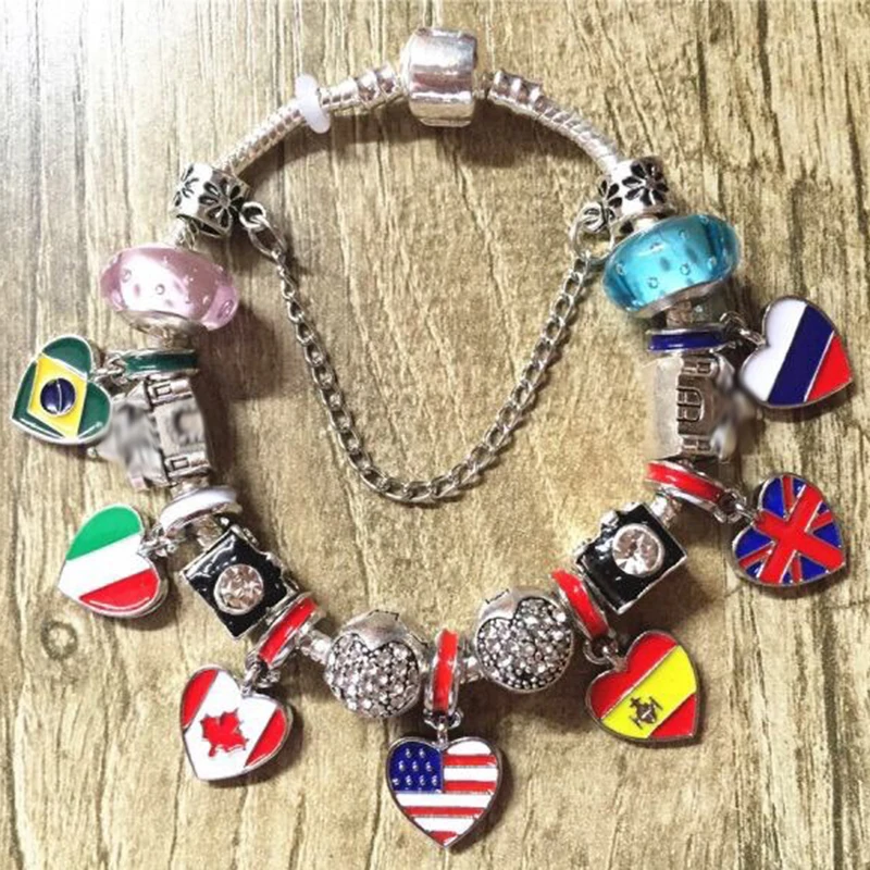 

European Style National Flag Beads Bracelet & Bangle Colorful Enamel Heart Charm Bracelets For Women Men Jewelry Pulseras