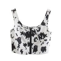2021 new women summer crop top cow spots printing tops fashion y2k lady woman sexy zip up casual chic white camisole tank top
