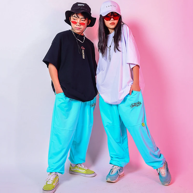 

Hip Hop Costumes Children Jazz Performance Wear Street Dance Clothes Modern Stage Outfit Loose Short Sleeve Blue Pants DN5700