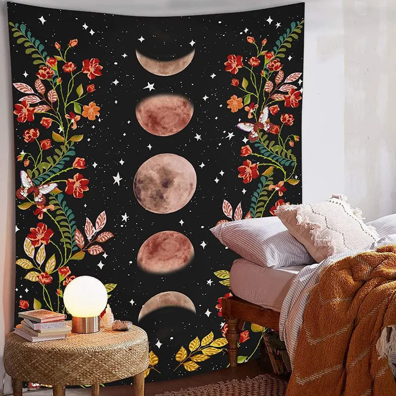 

Psychedelic Луна гобелен со звездами цветок настенная подвесная комната небо ковер общежития гобелены искусство украшение дома аксессуары