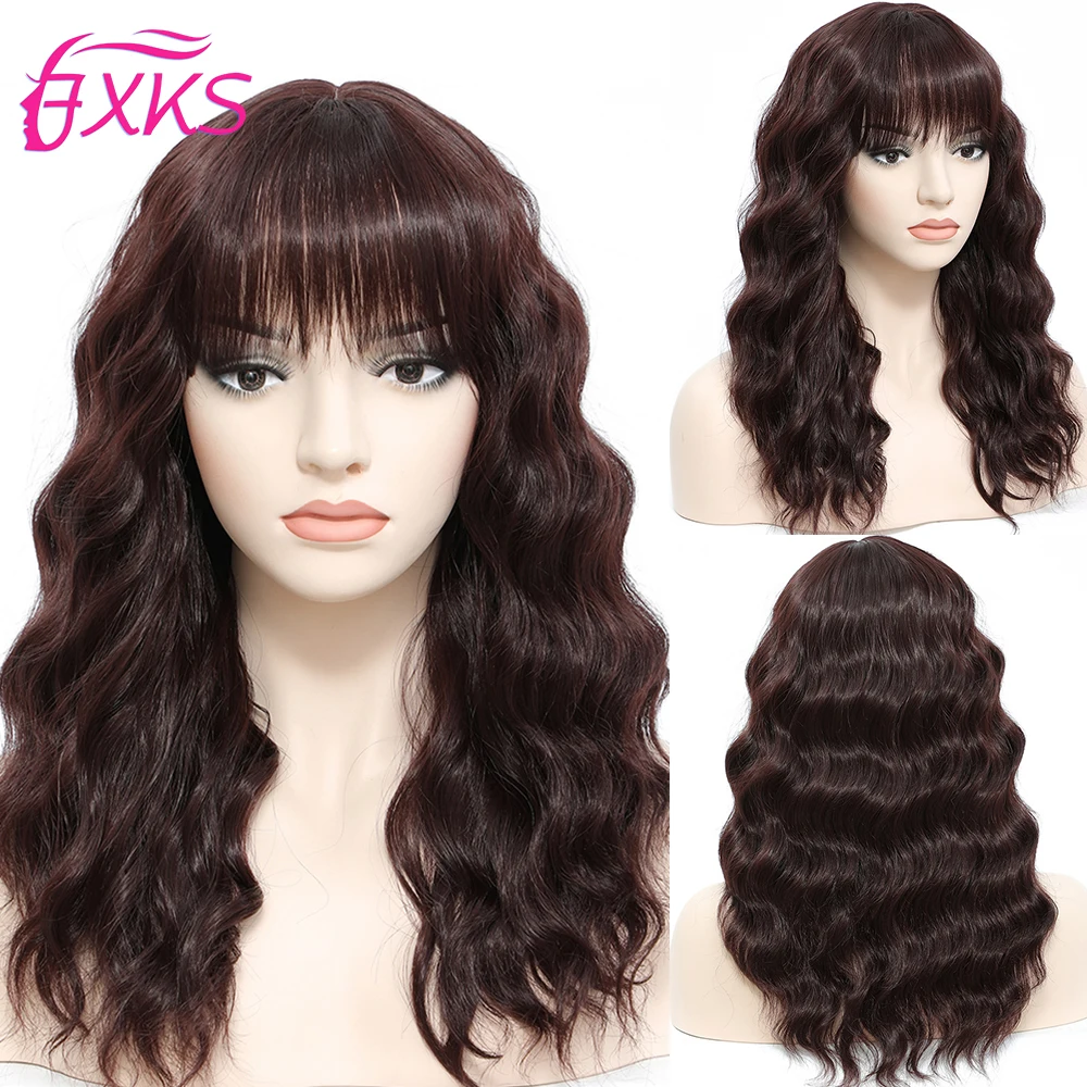 

Brown Synthetic Wigs With Bangs Body Wave Machine Made Hair Wigs Blonde Heat Resistant Fiber Synthetic Hair Wig for Women FXKS