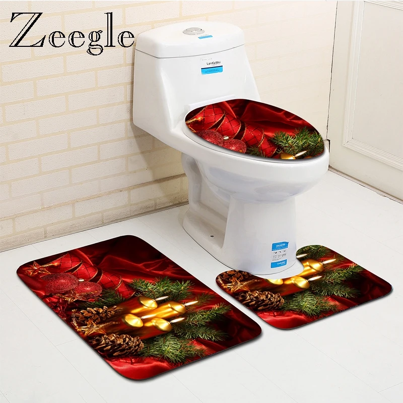 Zeegle Christmas Bathroom Rug Set Anti Slip Carpets Absorbent Toilet Pedestal Foot Mat Washable 3pcs | Дом и сад
