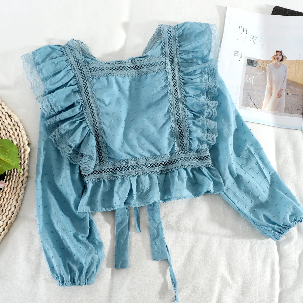 Женская Осенняя блузка с бантиком кружевная оборками укороченный топ длинными