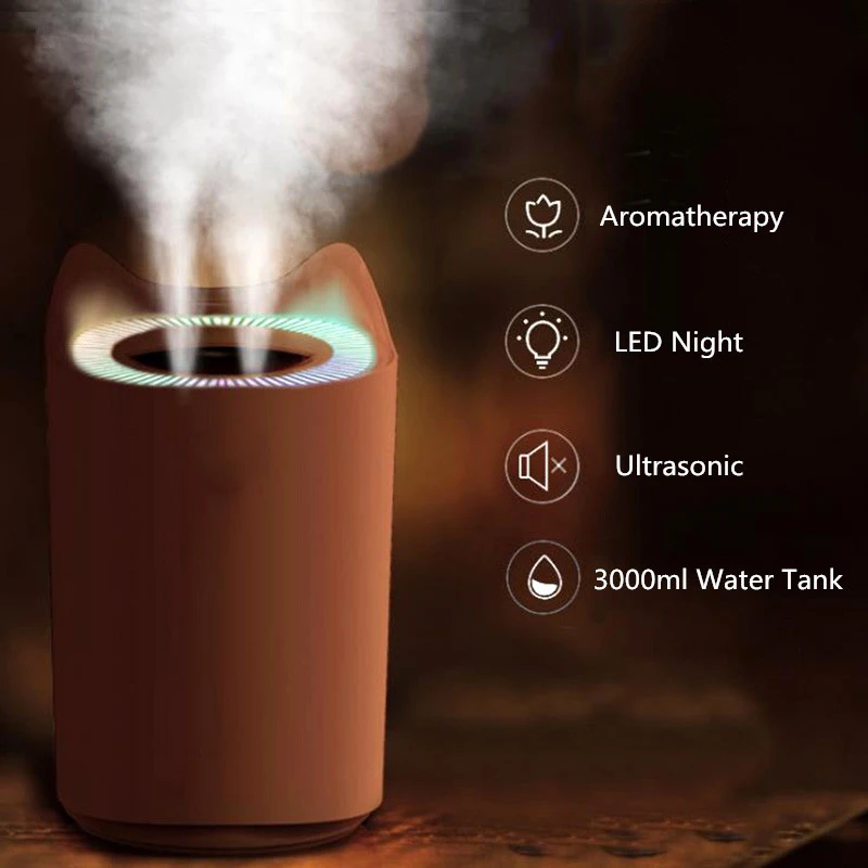

3000ml USB Air Humidifier Dual Mist Ultrasonic Aroma Diffuser Mist Maker with Colorful LED Lights Office Desktop Air Purifier