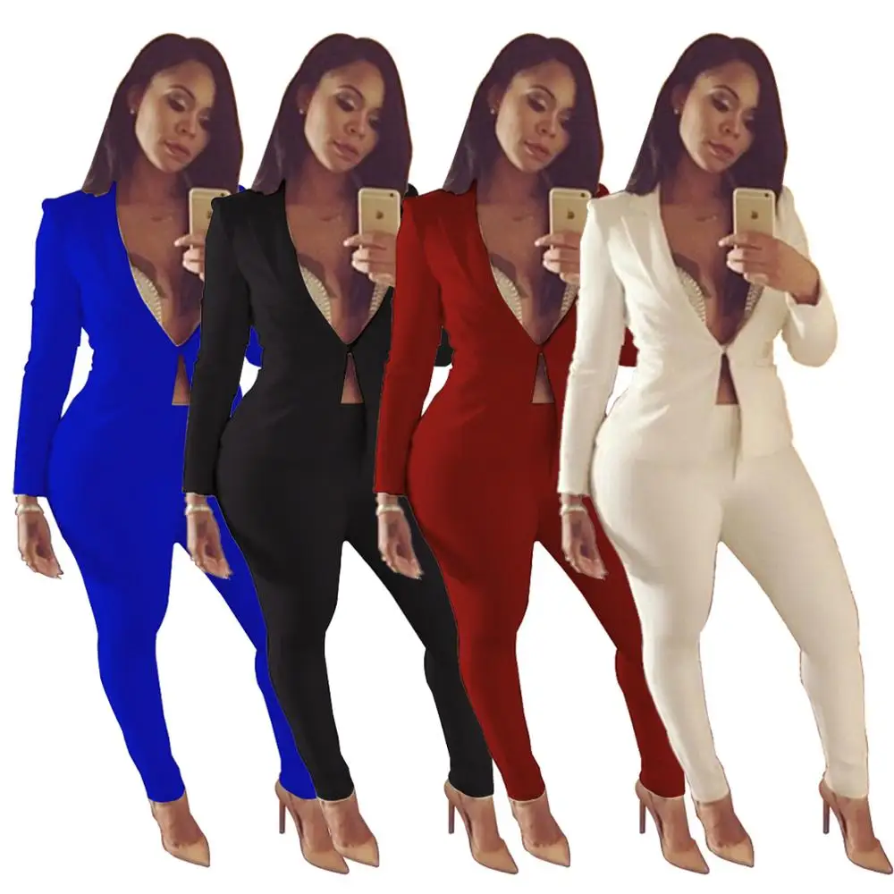 

2020 Newon Office Lady Solid Color Deep V Neck Button Up Jacket And Leggings 4 Color Femme Streetwear Tracksuit Outfits