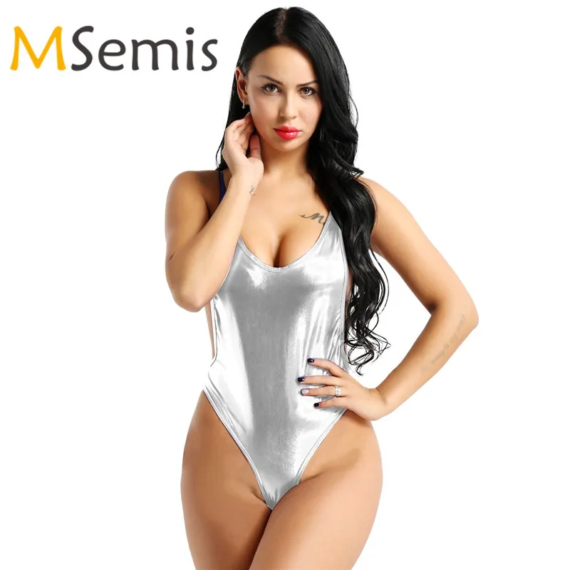 Женский Блестящий купальник из кожи Цельный для гимнастики без рукавов