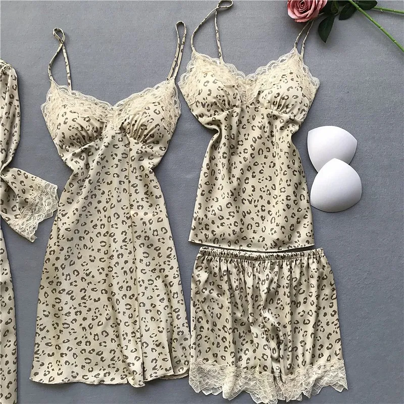 

4-piece Sexy Pajamas Ladies Leopard Print Pyjama Set Silk Pijamas Mujer Women's Home Clothes 4 Seasons Sleepwear Upscale Nighty