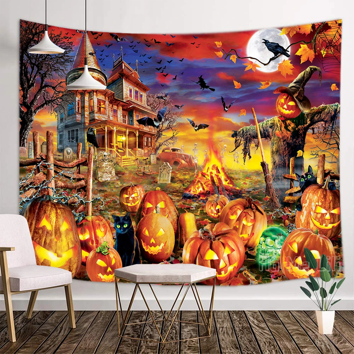 Rompecabezas de Halloween, decoraci&oacute;n de interiores de arte, tapiz de cuento de hadas de fantas&iacute;a de Horror-0