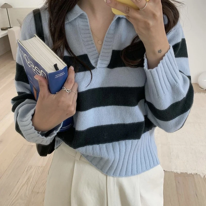 

Korean Chic Women Striped Sweater Jumper Autumn Winter Simple All-Match Turn-Down Collar Pullover Loose Contrast Knitwear Casual