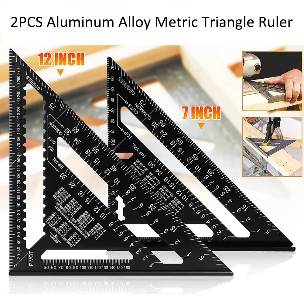 

2pcs 7" 12" Triangle Ruler Metric 30cm Aluminum Alloy Protractors Woodworking Saw Guide Carpenter Line Scriber Measuring