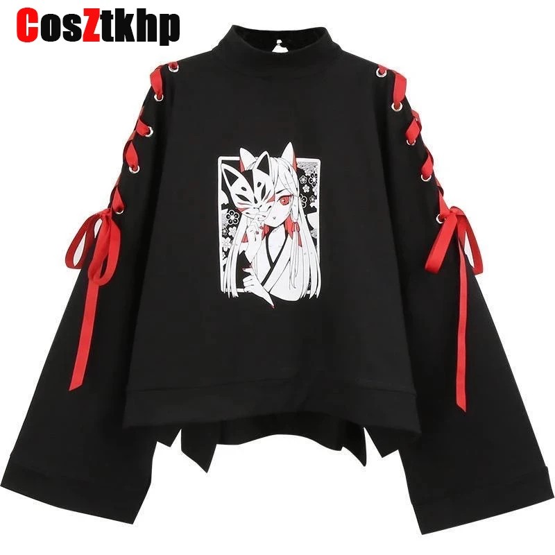 

New Autumn Winter Summer Women Clothing Anime Fox Printed Cross Ribbon Lolita Girls' T Shirt Harajuku Spring Black Top Skirt