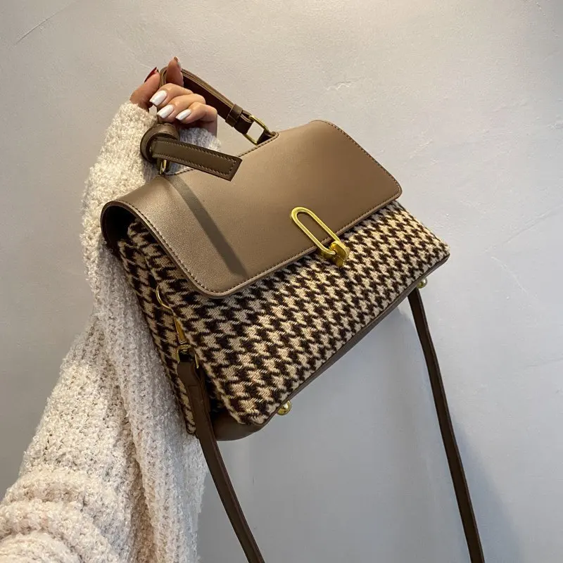 

Fashion Houndstooth Shoulder Bags For Woman Retro Soft PU Leather Crossbody Bag High Quality Handbags Small Squre Bag Bolsa Sac