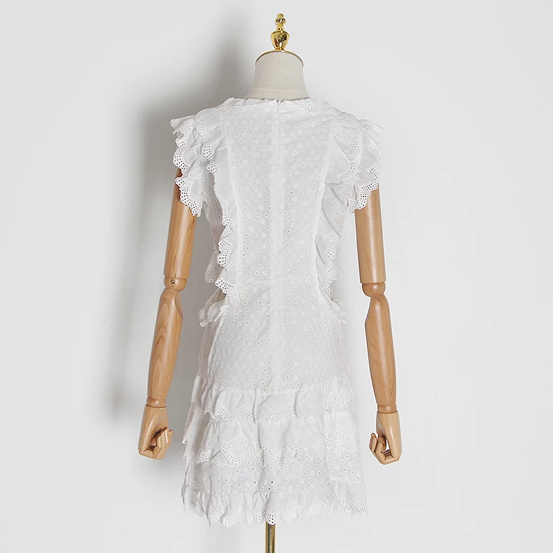 CHICEVER Hollow Out Lace Ruffle Dresses Women O Neck Sleeveless High Waist A Line Mini Dress Female 2020 Korean Fashion New | Женская