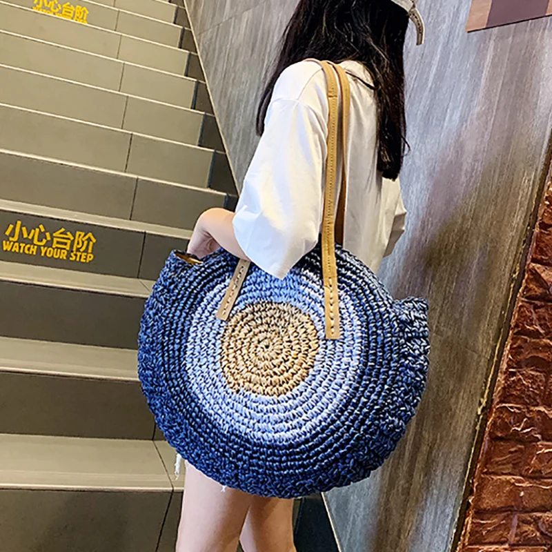 

Simple Straw Circular Women Shoulder Bag Handmade Woven Bohemian Handbag Summer Beach Lady Large Capacity Wicker Tote