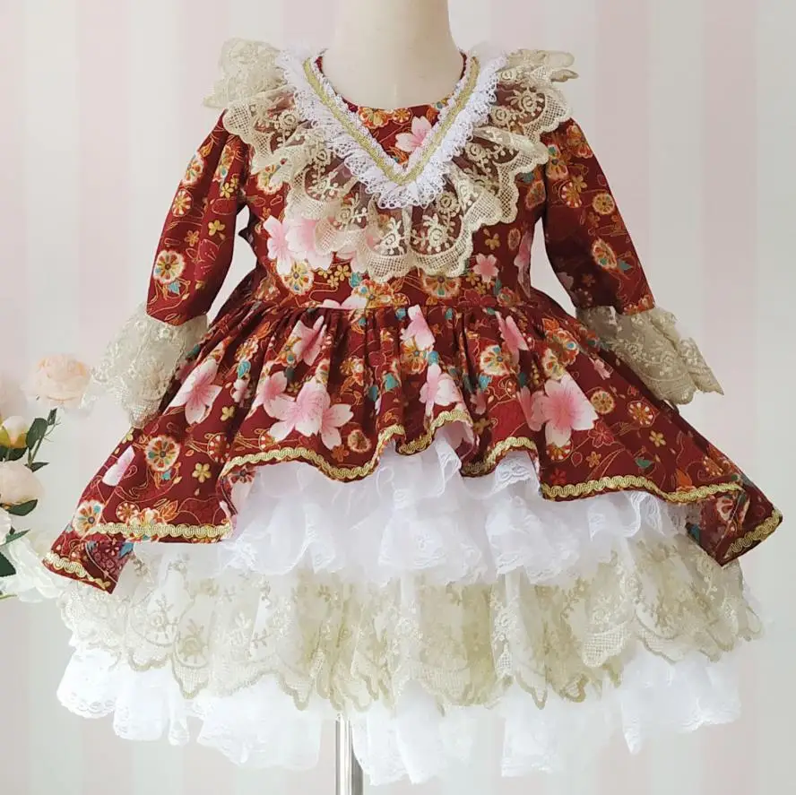 Spanish court style  baby girl princess dress kids floral printed vintage lace stitching  ball gown dress