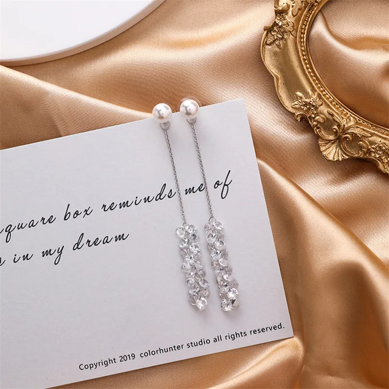 Новые корейские милые жемчужные серьги-цепочки с кристаллами и кисточками