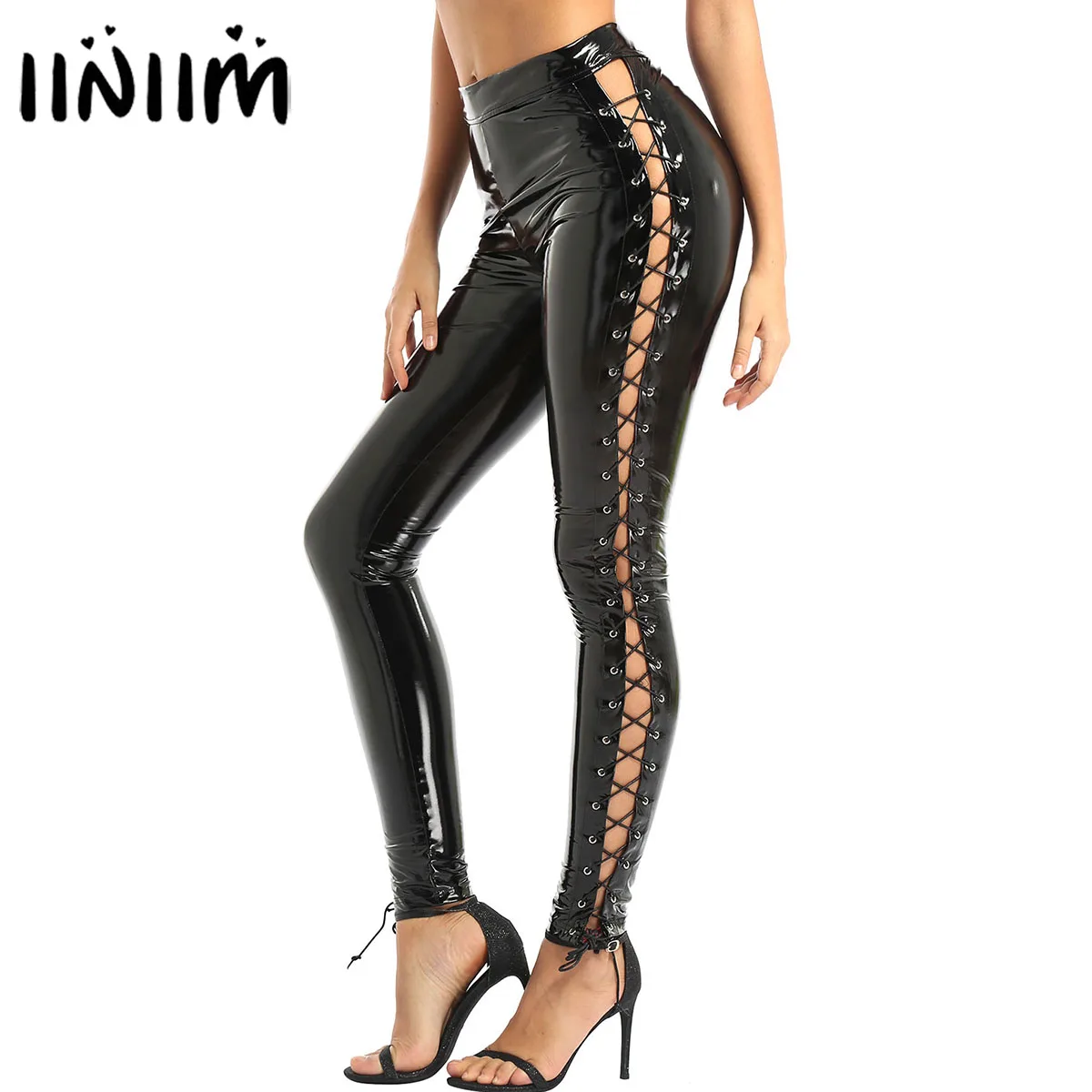

Женские обтягивающие брюки iiniim, кожаные обтягивающие брюки в стиле панк с боковой шнуровкой