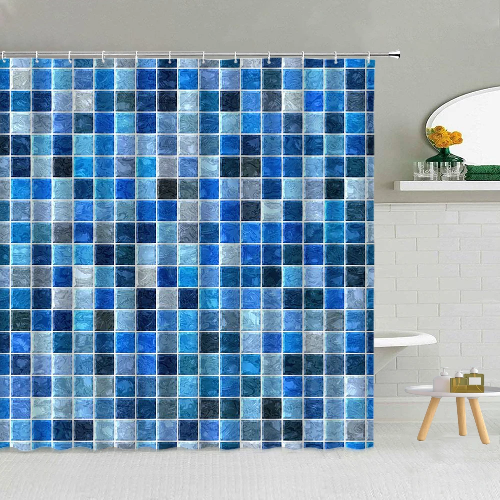 

Modern Mosaic Color Grid Shower Curtain Set Waterproof Polyester Fabric High Quality With Hooks Bath Screen Decor 3D Printing