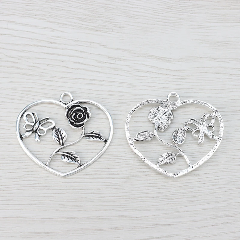 6 x полые Открытые розы бабочки Подвески в форме сердца для ожерелья ювелирных