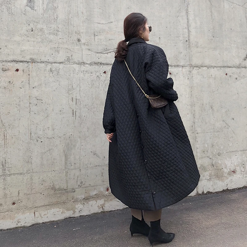 Black Lapel Back Vent Button Coat Winter Long Cotton Jaqueta Feminina Female Abrigos Mujer Invierno 2019 | Женская одежда