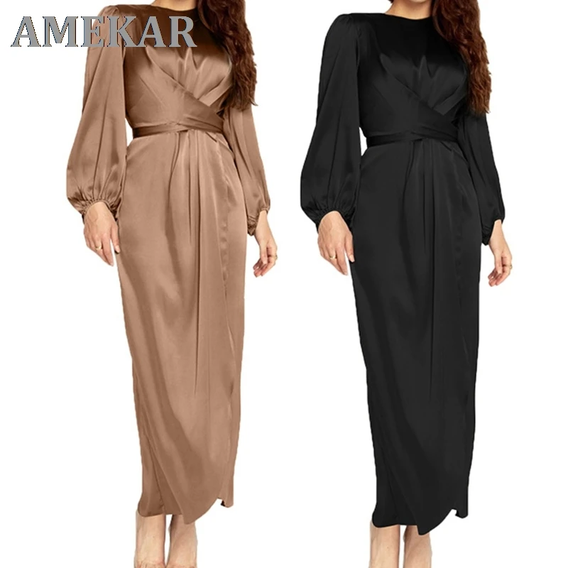 

Women Arab Muslim Satin Puff Long Sleeve Maxi Dress Solid Color Wrap Front Self-Tie Abaya Dubai Turkey Hijab Robe Kaftan