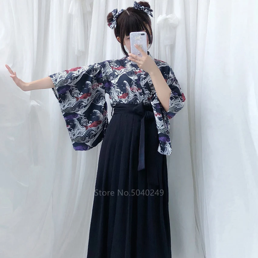 

Women Japanese Style Traditional Kimono Dresses Female Fashion Pattern Printed Top Solid Color Long Short Dress Sets With Belt