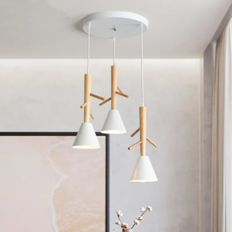 

Tree Shaped Wooden Pendant Lights With White Metal Lampshade For Dining Room Nordic Style Triple LED Pendant Lamp