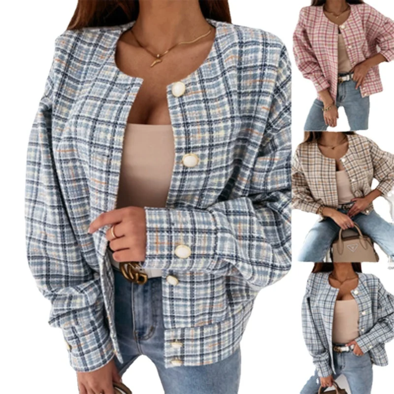 

Women's Coat Popular Storm Plaid Coat Autumn Winter Long Sleeve Short Casual Jacket