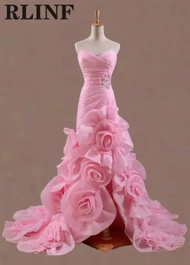 

Sexy Pink Organza Hand Flower Mermaid Asymmetry Custom Formal Evening Dresses